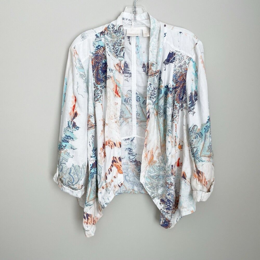 Chicos Size 2 Large Open Front Multicolor Linen Jacket Watercolor 3/4 Sleeve